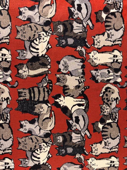 Doodle Animals Cat Cotton Linen Canvas - Red- Yardage