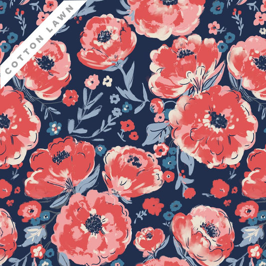 Jubilant - Peonies - Navy - Yardage