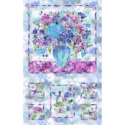 Fire and Ice Flowers and Birds Panel in Blue
