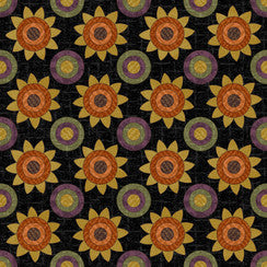 Autumn Harvest Flannel Penny Rug Flowers Black Yardage