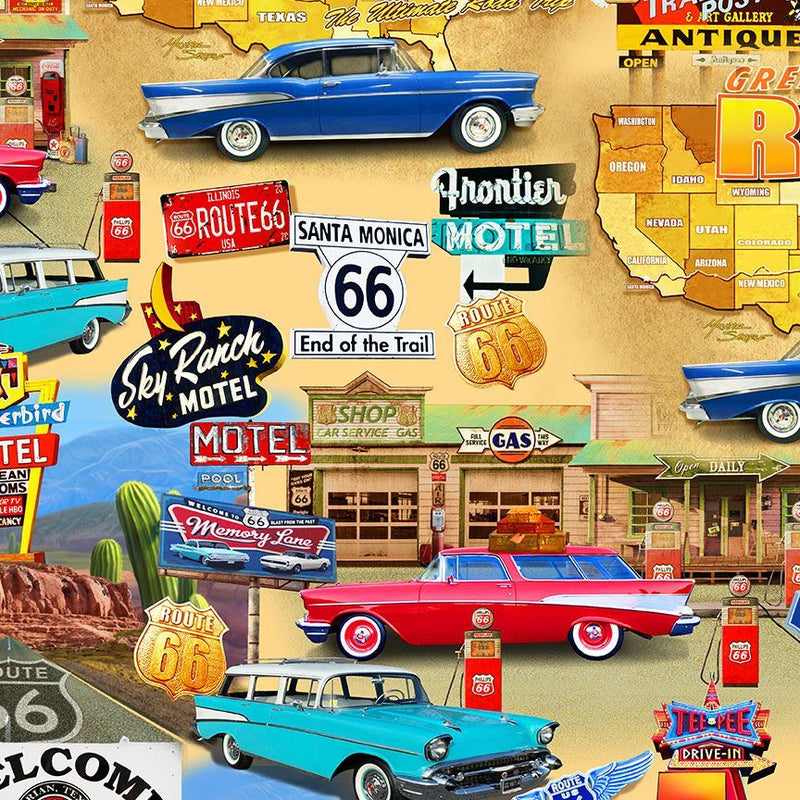 Route 66 Collage Cars Signs Multi Fabric