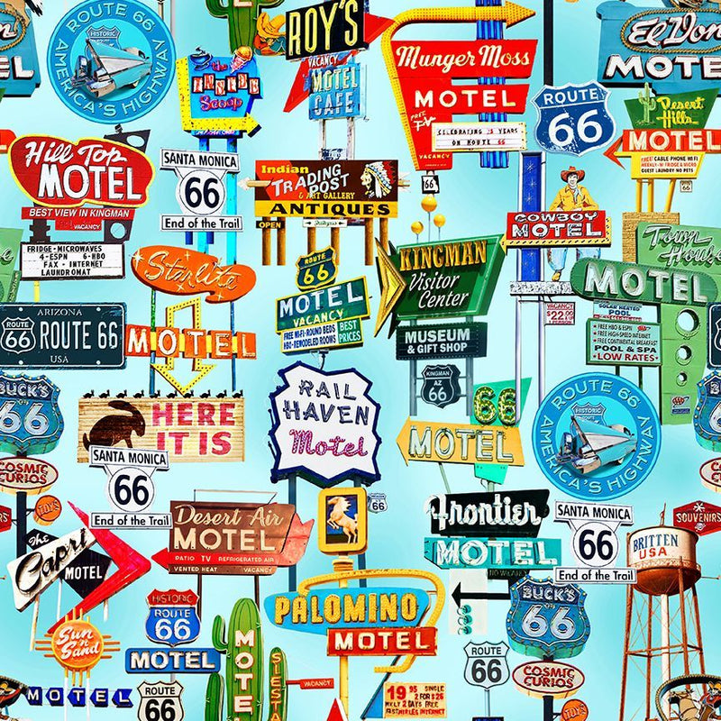 Route 66 Road Signs Collage Blue Fabric