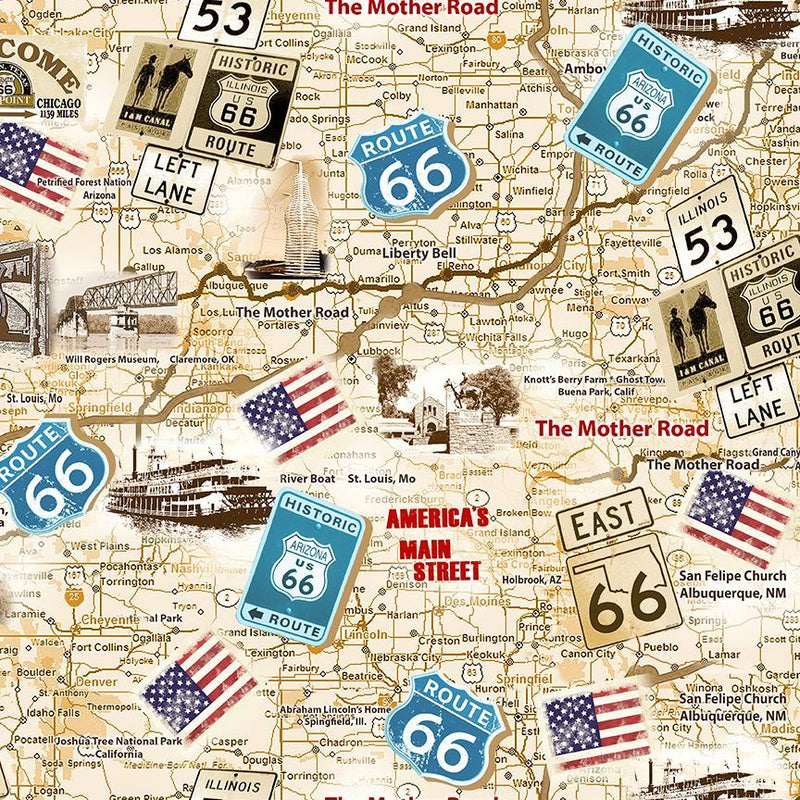 Route 66 Antique Map Neutral Fabric