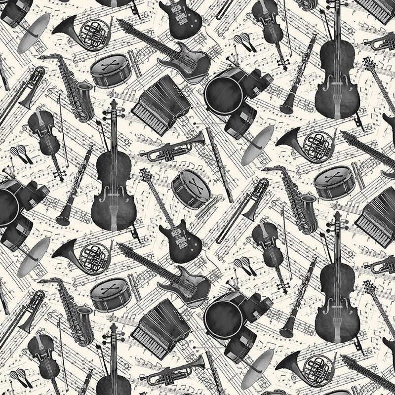 Sonata Grey Instruments & Music Notes Fabric