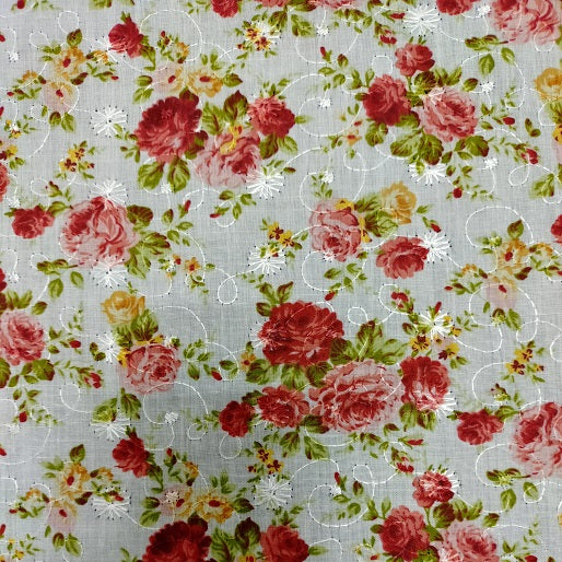 Embroidered Eyelet Cabbage Rose Red Pink Fabric