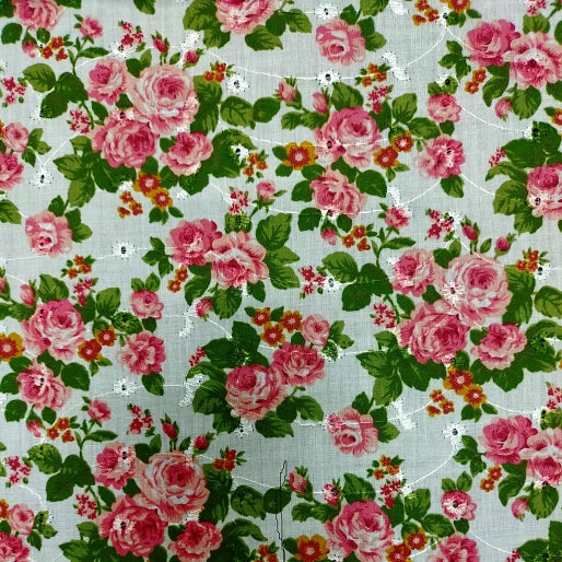 Embroidered Eyelet Cabbage Rose Pink Fabric