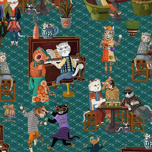 Purrsuit of Coffeeness Coffee Cat DDC12479-TEAL-D Yardage