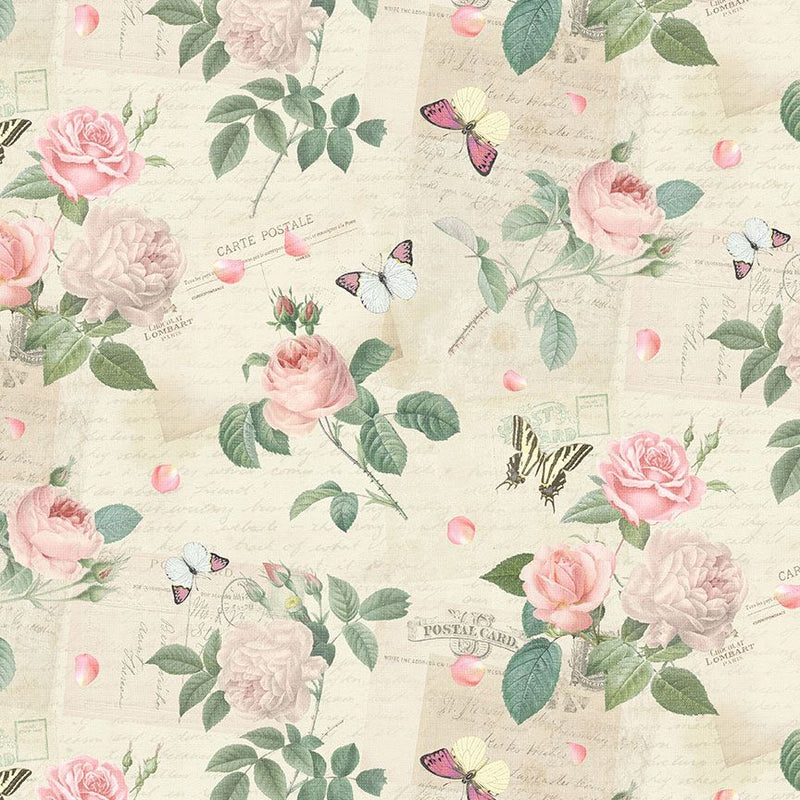 Jardin Digital Roses & Butterflies on Postcards Fabric