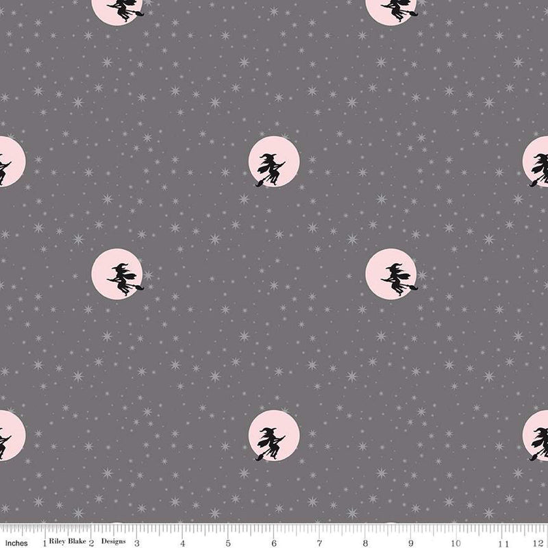 Spooky Schoolhouse Gray Sparkle Starry Night Yardage