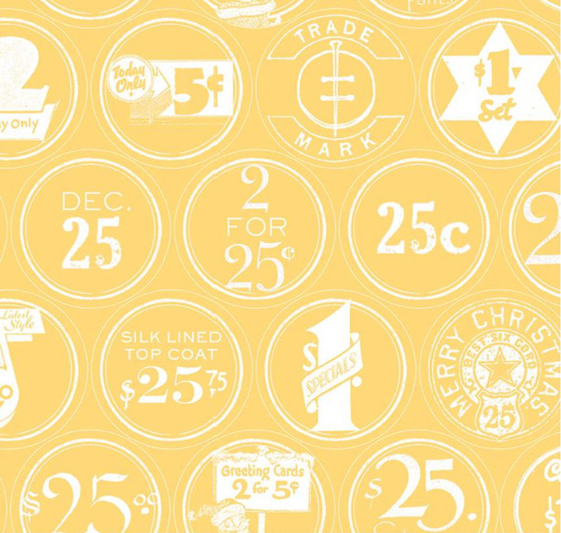 White as Snow Christmas Labels Yellow Yardage