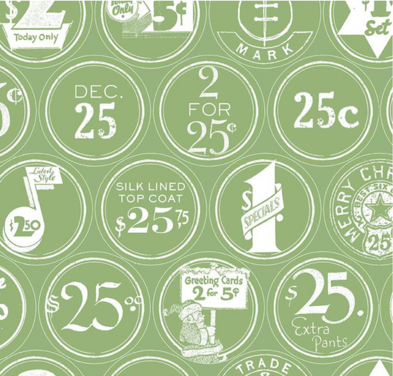 White as Snow Christmas Labels Green Yardage