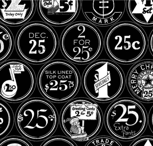 White as Snow Christmas Labels Black Yardage