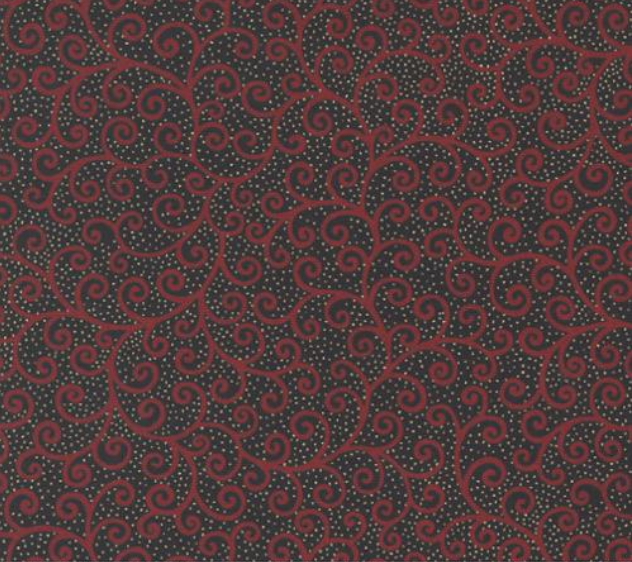 Merry Manor Metallic Red Swirls on Black Yardage