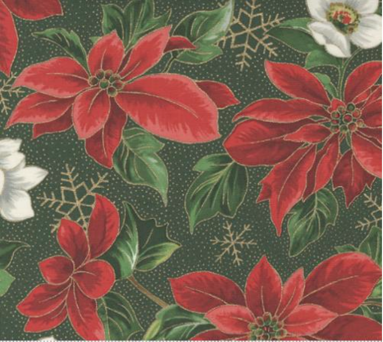 Merry Manor Metallic Green Poinsettias Yardage