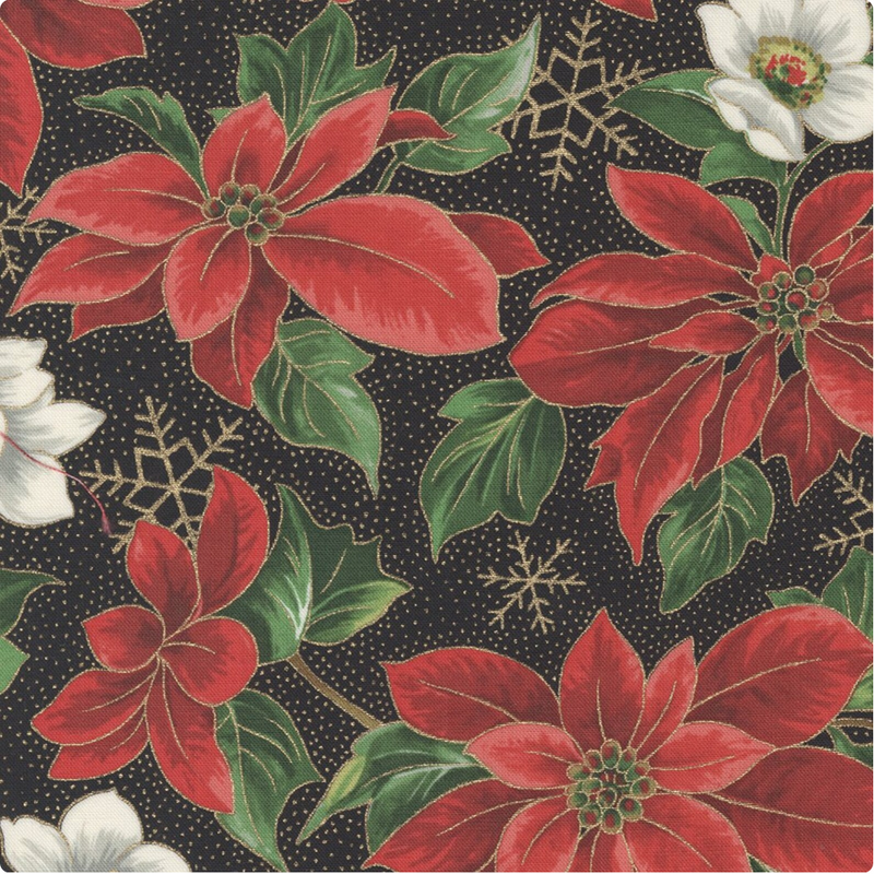 Merry Manor Metallic Black Poinsettias Yardage