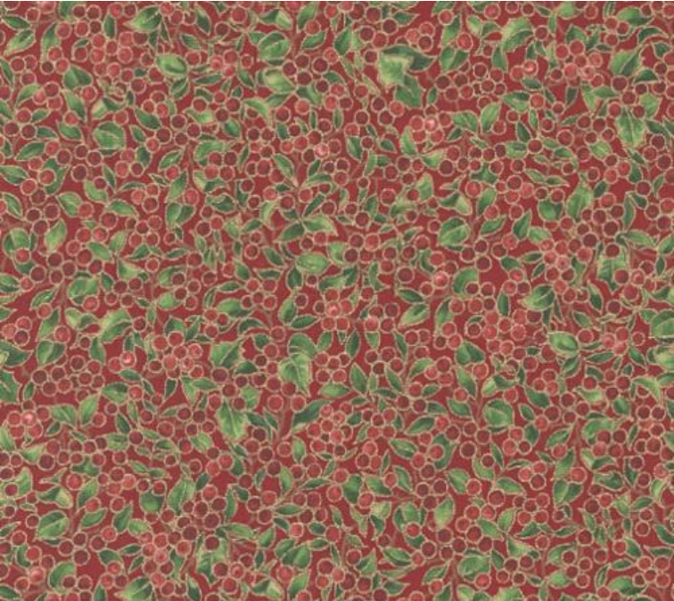 Merry Manor Metallic Red Holly Berries Yardage