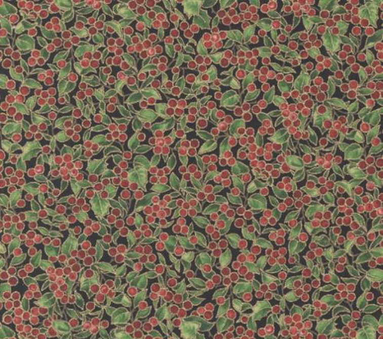 Merry Manor Metallic Black Holly Berry Yardage