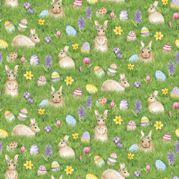 Hoppy Hunting Bunnies and Eggs on Grass Green Grass Yardage