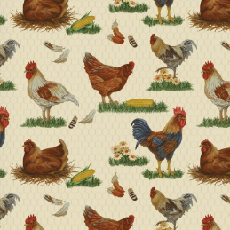 The Chicken Club Roosters and Chickens Cream Yardage