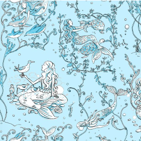 Sandy Toes Mermaids Light Sky Fabric