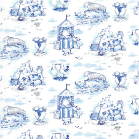 Sandy Toes Scenic Toile Blue Fabric