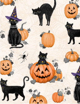 Meow-Gical Night Cats & Pumpkins All Over Cream Fabric