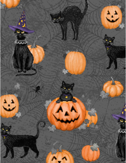 Meow-Gical Night Cats & Pumpkins All Over Black Fabric