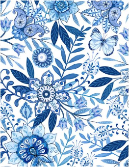 Blooming Blue Large Floral All Over White Yardage