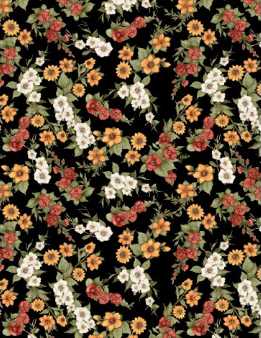 Garden Gate Roosters Floral Black Fabric