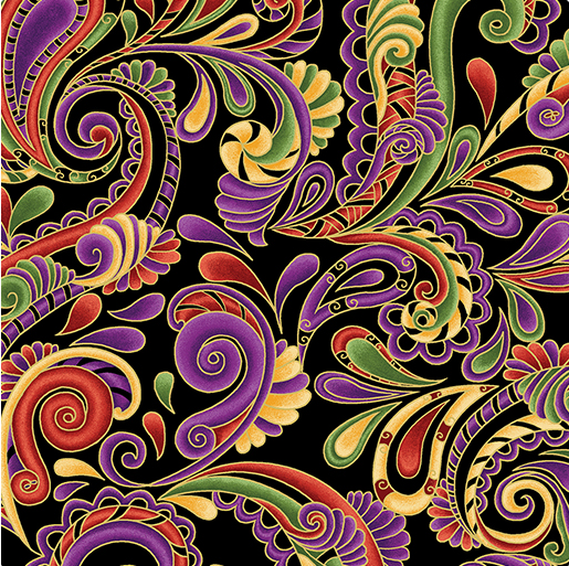 Luminescent Leaves Swirl Paisley Sunset/Black Yardage