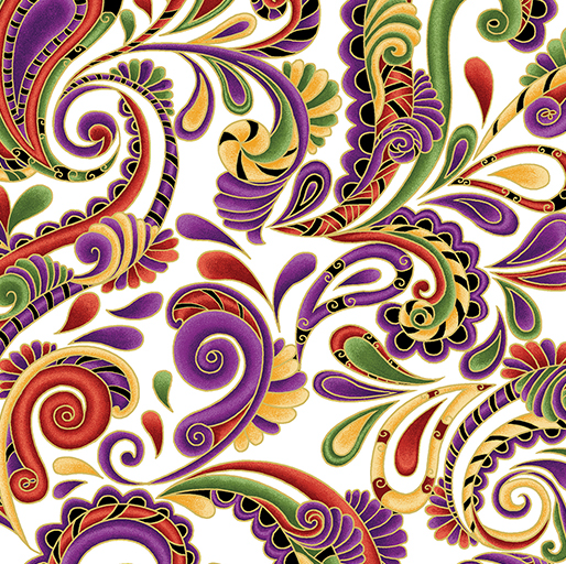 Luminescent Leaves Swirl Paisley Sunset/White Yardage