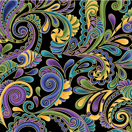 Luminescent Leaves Swirl Paisley Indigo/Black Fabric