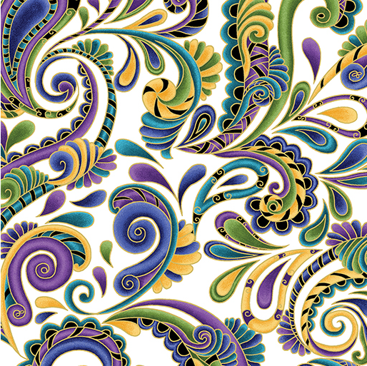 Luminescent Leaves Swirl Paisley Indigo/White Fabric