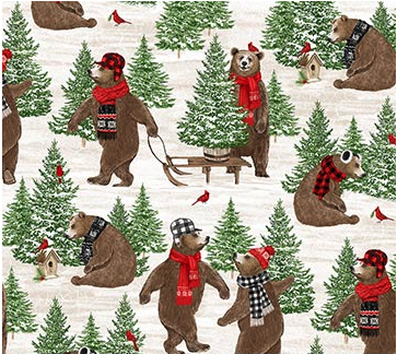 Beary Merry Christmas Forest Bears White Multi Yardage