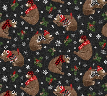 Beary Merry Christmas Tossed Bears Black Multi Yardage