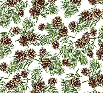 Beary Merry Christmas Pine Cones White Multi Yardage