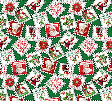 Letters to Santa Stamps Green Multi Yardage