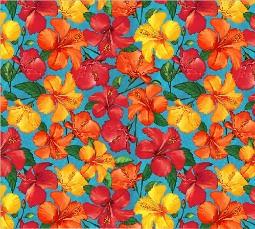 Tropical Paradise Hibiscus Cyan Fabric