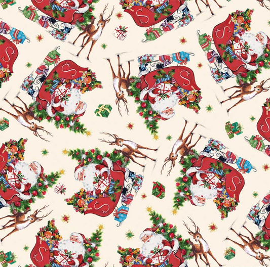 Merry Melody Santa and Reindeer Cream Fabric