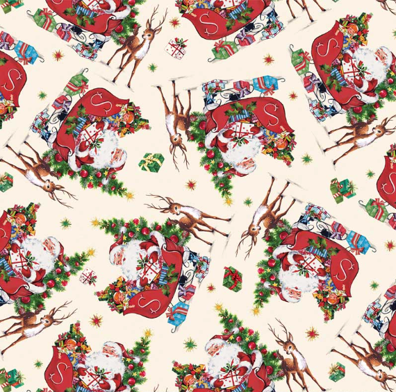 Merry Melody Santa and Reindeer Cream Fabric