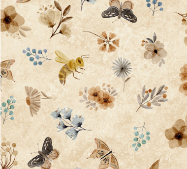 Bear Hugs Flowers and Insects Toss Tan Fabric