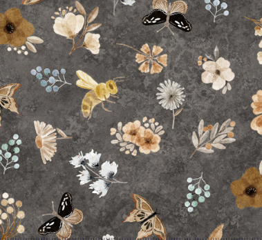 Bear Hugs Flowers and Insects Toss Dark Gray Fabric