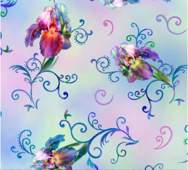 Rainbow Iris Irises and Scroll Blue Fabric