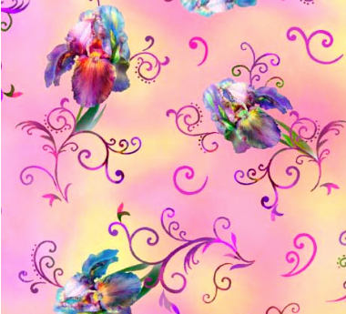 Rainbow Iris Irises and Scroll Pink Fabric