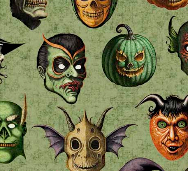 Creepsville Creepy Face Allover Sage Yardage