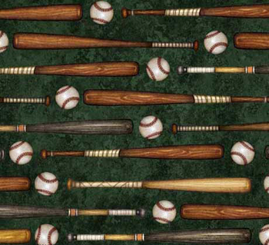 Bases Loaded Bats and Baseballs Forest Fabric