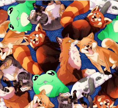 Anime Friends Packed Animal Denim Fabric