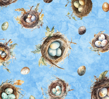 Birdsong Bird Nests and Eggs Blue Fabric