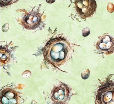 Birdsong Bird Nests and Eggs Light Green Fabric