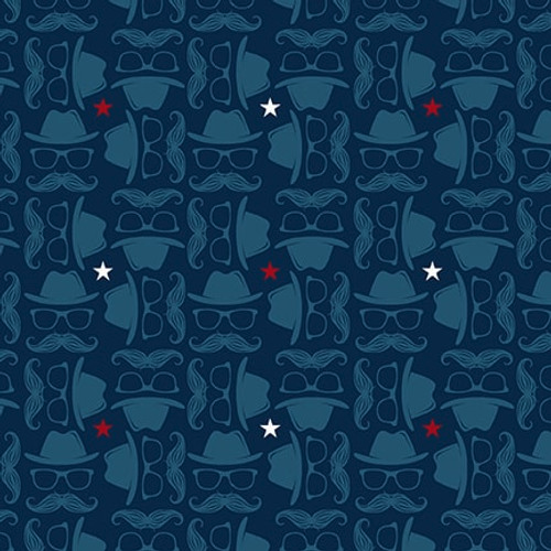 Hipster Hats and Moustaches Navy Fabric